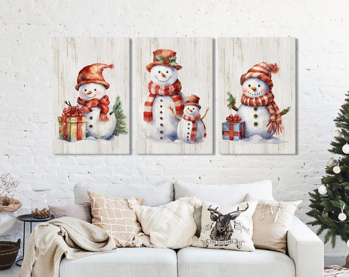 Snowman Family Triptych, Set of 3 Prints, Farmhouse Snowman Pictures, Panoramic Holiday Wall Art, Matching Snowmen Set 219