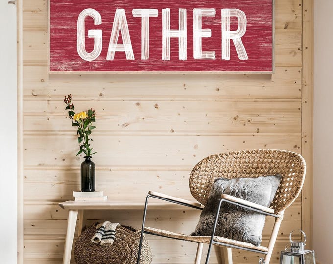 Autumn Wall Decor, Gather Sign, Crimson Red and White Bold Print