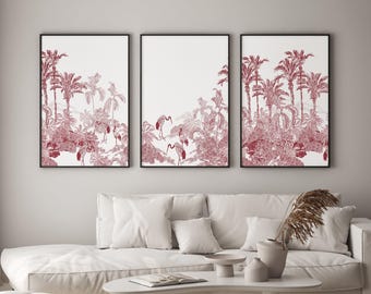Triptych Tropical Panorama, Framed 3 Piece Set, Vintage Lithograph, Modern Home Decor, Modern Farmhouse,  Toile Dark Red • 004
