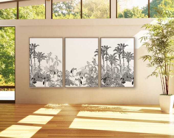 Tropical Panorama Triptych Wall Art, Modern Farmhouse Framed Canvas Set