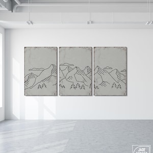 Tríptico abstracto de montaña en gris piedra, arte de pared para cabaña, juego de 3 piezas imagen 1