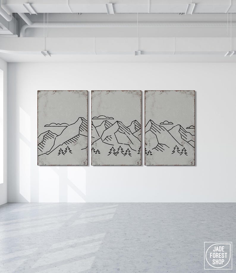 Tríptico abstracto de montaña en gris piedra, arte de pared para cabaña, juego de 3 piezas imagen 1