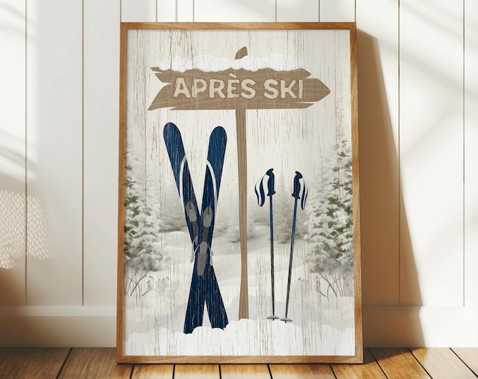 Vintage Apres Ski Sign, Ski Mountain Wall Art, Vintage Farmhouse Ski Sign, Retro Ski Signs, Winter Home Wall Decor, Ski Gift for Him, Navy