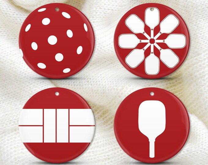 Pickleball Holiday Ornaments: Set of 4 (Double-Sided, Ceramic or Aluminum)