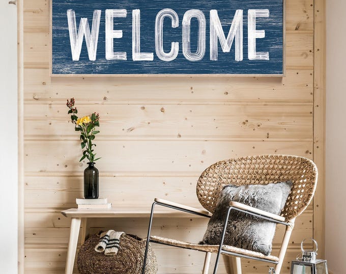 Welcome Sign, Navy Blue Wall Art, Long Horizontal Banner, Housewarming Gift
