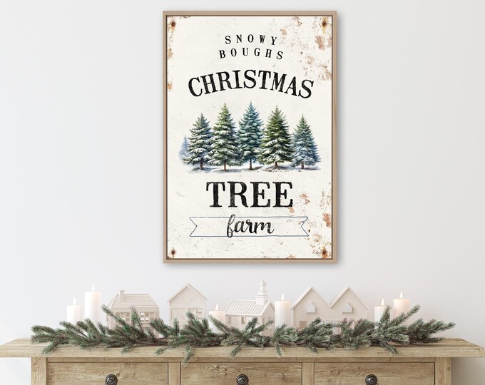Christmas Tree Farm, Snowy Boughs Sign with a Row of Watercolour Evergreens on Worn Cream