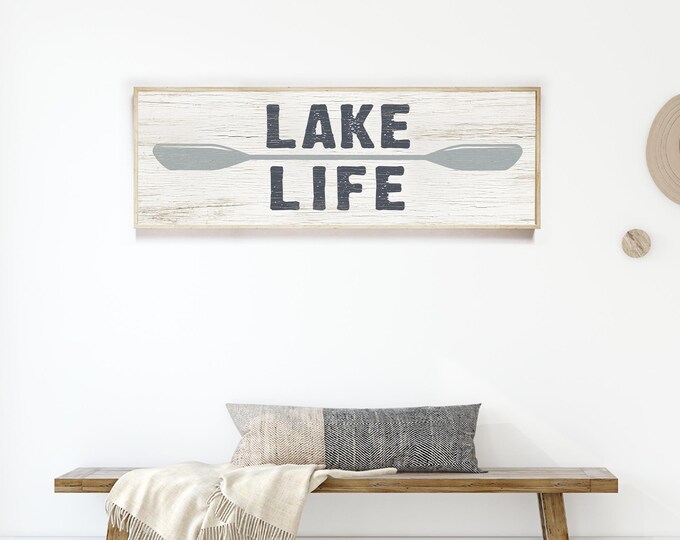 Lake Life Signs, Painted Lettering, Distressed Texture, Faux Weathered Wood Canvas, Cozy Charm Decor, Framed Rustic Wall Art for Lake House