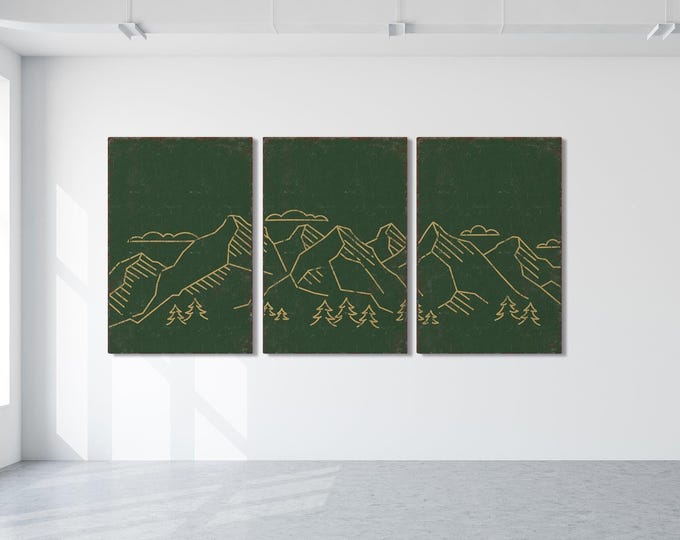 Mountain Range Triptych Wall Art, Abstract Lodge Cabin Decor, 3 Piece Set