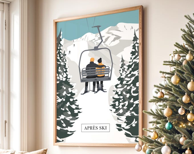 Ski Lodge Sign, Apres Ski Chairlift Poster with Two Riders in Orange and Mustard, Cabin Art