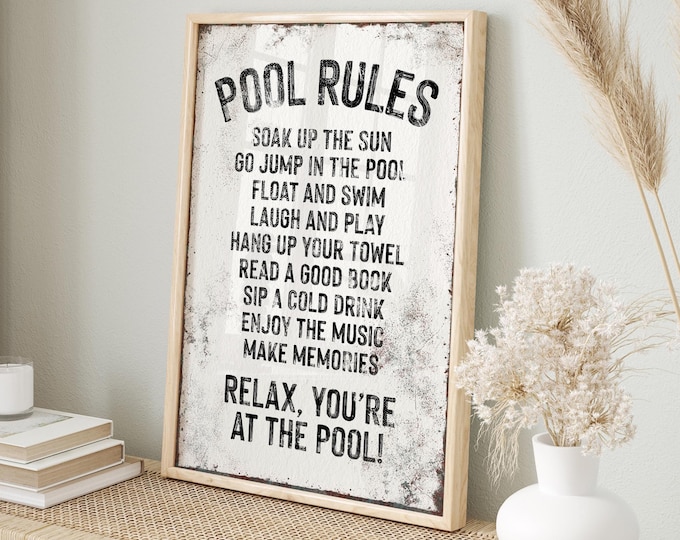 Summer Pool Gift, Black and White Pool Rules Sign, Vintage Backyard Patio Decor