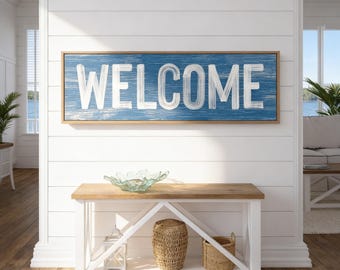 Welcome Sign Custom, Ocean Blue Lake House Wall Art, Wood Frame Entry Decor