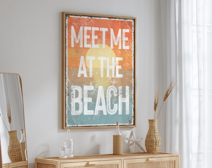 Vintage Meet Me at the Beach Sign, Retro Beach Sunset Decor, Indoor Outdoor Options, Beach Themed Home Decoration, Vacation Rental Beach Art