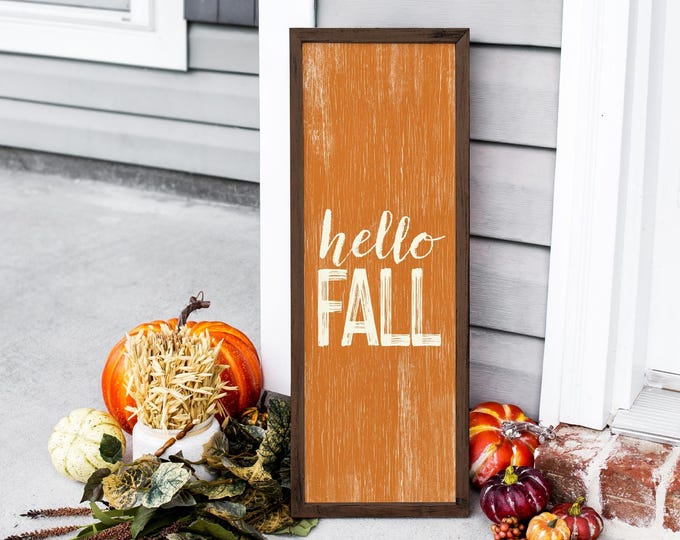 Fall Framed Sign, Cozy Fall, Vertical Fall Prints, Rustic Hello Fall Plaque, Tall Outdoor Seasonal Decor, Faux Wood Halloween Porch Display