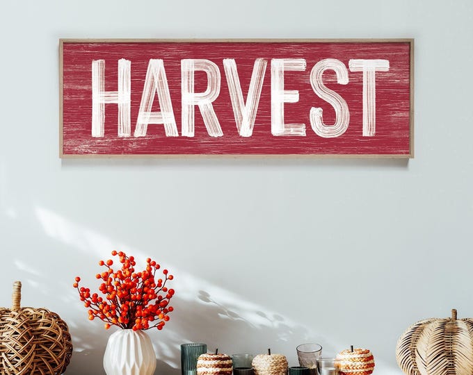 Harvest Sign in Dark Red, faux weathered wood, seasonal wall art, harvest wall decorations, vintage farmhouse, long horizontal wall art