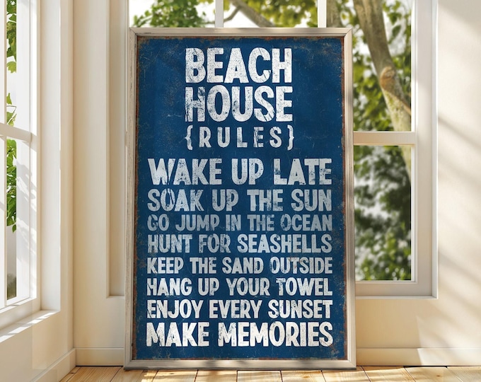 Navy Beach House Rules Sign, Distressed Coastal Word Art, Beach House Wall Decor