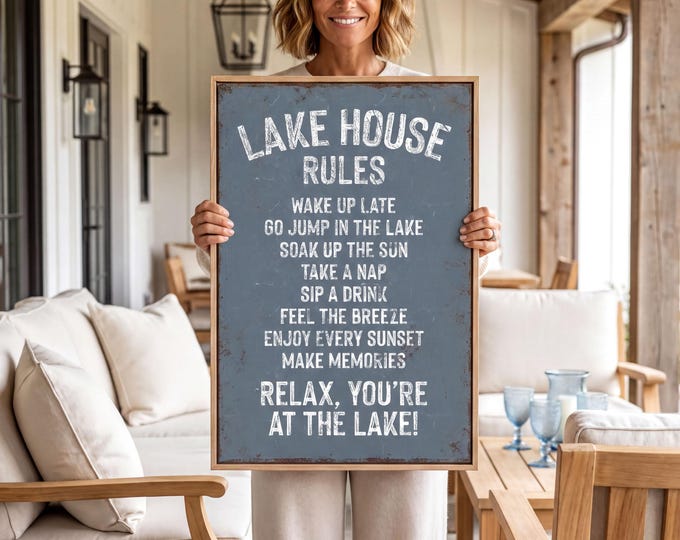 Lake Wall Decor, Dusty Blue and Cream House Rules Print, Cottage Owner Gift