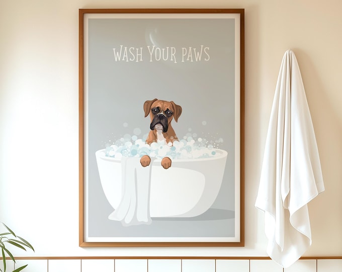 Boxer Wash Your Paws Bathroom Wall Art, Calm Pet Decor