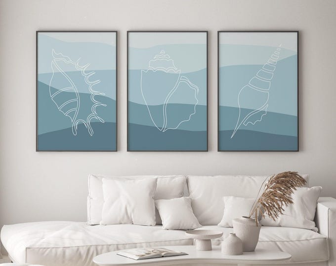 Seashells Art Triptych, White Line Shells on Ombre Blue, 3 Piece Coastal Bathroom Wall Set