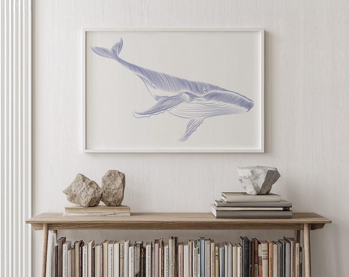Indigo Blue Whale Wall Art: Abstract Ocean, Coastal Beach Decor