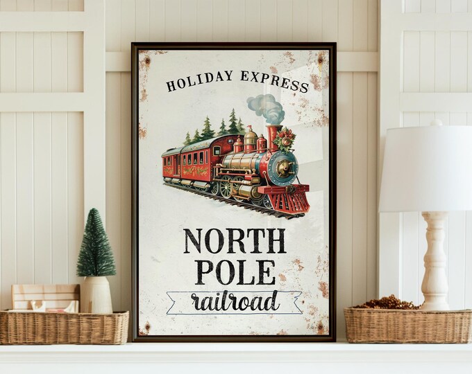 Railroad Art, Holiday Express North Pole Sign with a Red Steam Locomotive on Worn Cream
