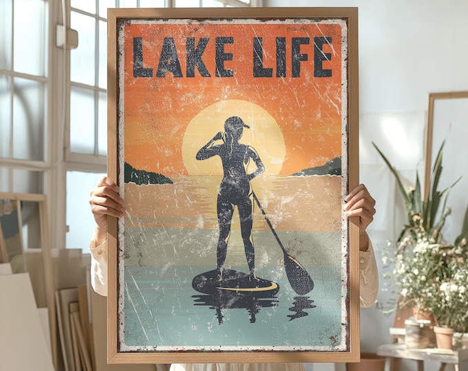 Vintage LAKE LIFE Sign, Retro Woman Paddleboarding at Sunset Poster, Colorful Coastal Sunset Wall Art, Lake House Hostess Gift Idea for Her