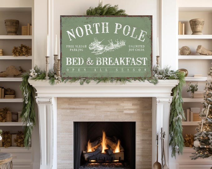 North Pole Bed and Breakfast Sign, Rustic Lodge Wall Decor, Above Bed Art