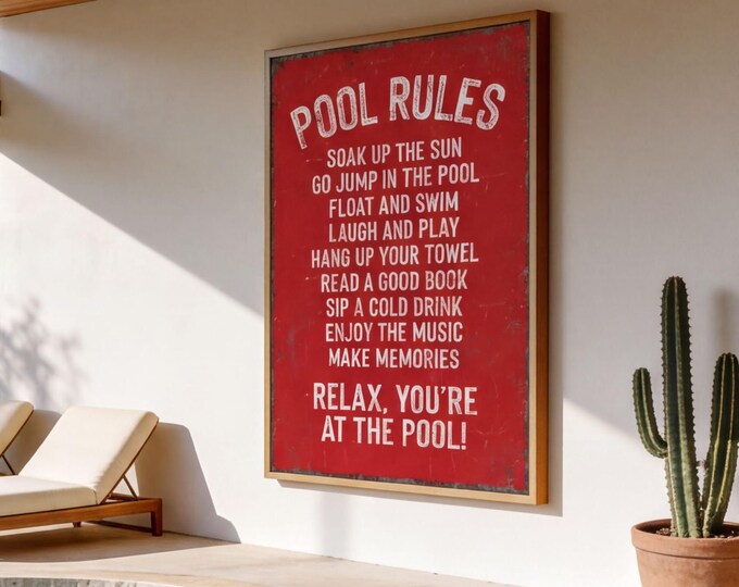 Pool Rules Soak Up The Sun, Cream Lettering On Barn Red Ground, Summer Host Gift