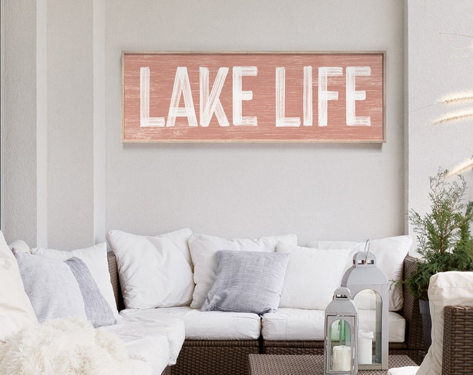 Vintage Coral Pink Lake Life Wall Print - Farmhouse Sign - Lake House Wall Art - Faux Weathered Wood - Framed or Unframed {pwo}