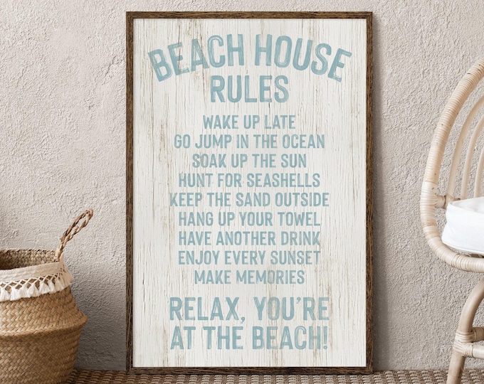 Retro BEACH HOUSE RULES Sign, Tide Blue on White, Painted Words on White, Beach Gift for Her, Farmhouse Beach Decor, Fun Beach Signs