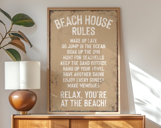 vintage "BEACH HOUSE RULES" sign, latte canvas beach print, coastal beach house decor, beachhouse gift for her, vacation rental beach art