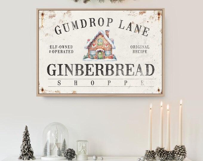Red Gingerbread Art, Gumdrop Lane Shoppe in Charcoal on Aged Cream