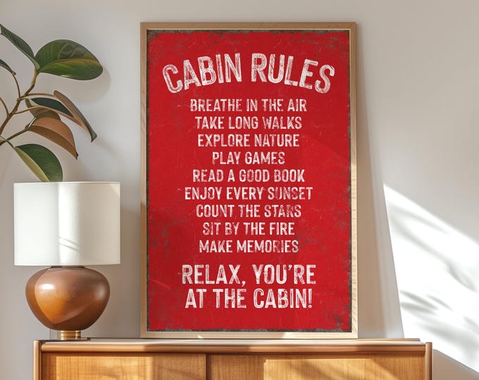 Cabin Rules Sign - Cozy Red Ski Lodge Wall Decor