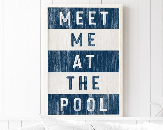 Pool House Wall Art Print, Modern Farmhouse Navy Stripe Decor, Retro Pool Art