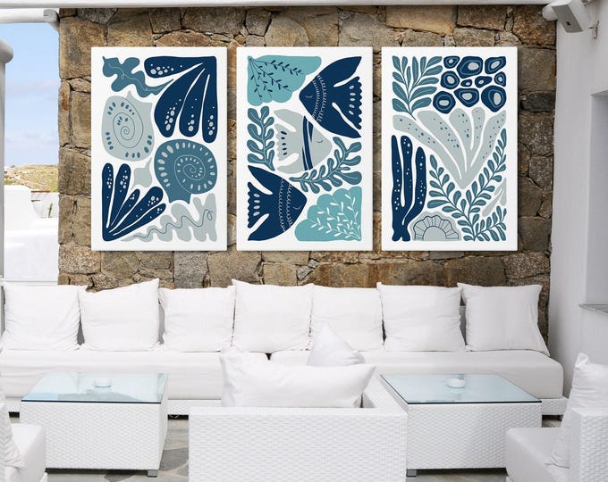 Rustic Beach Print Triptych, Navy and Sage Blue Sealife Set of Three, Farmhouse Decor