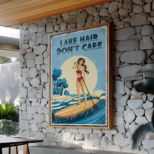 Paddleboard Art, Beach House Decor, Rustic Cabin Gift, Paddleboard Wall Hanging, Vintage Lake Print, Lake Cabin Vibes, Lake Hair Don&#39;t Care