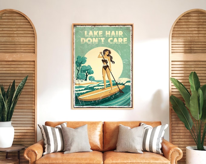 Paddleboard Art, Woman Paddleboarding, Lake Hair Don't Care Sign, Vintage Wall Decor, Coastal Canvas Print, Nautical Green Rental Gift