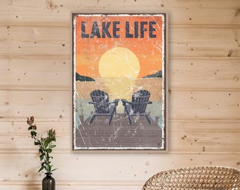 Impressão de pôr do sol no lago com cadeira Adirondack, paisagem vintage da vida à beira do lago, arte de parede para cabana à beira do lago.