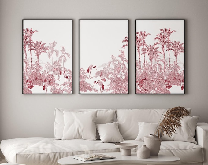 Triptych Tropical Panorama, Framed 3 Piece Set, Vintage Lithograph, Modern Home Decor, Modern Farmhouse,  Toile Dark Red • 004