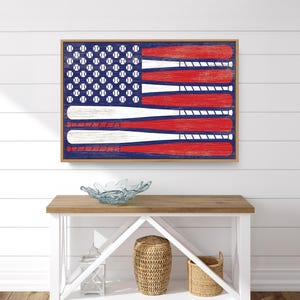 Baseball Flag Print, American Flag Sign, Vintage Baseball Poster, USA Sports Wall Art, Baseball Decor for Boy Room, United States Sign