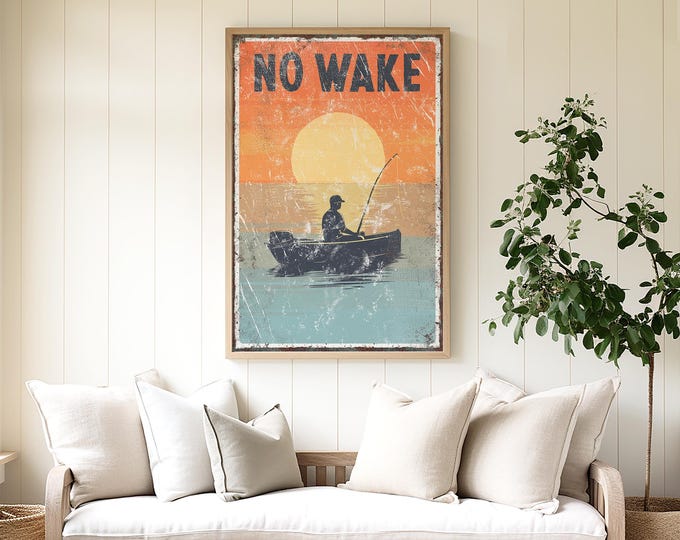 No Wake Canvas Sign: Peaceful Fishing Scene (8"x12" to 32"x48")