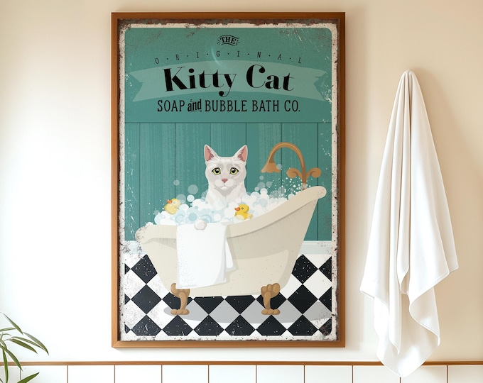 White Cat Bubble Bath Bathroom Wall Art – Vintage Pet Sign