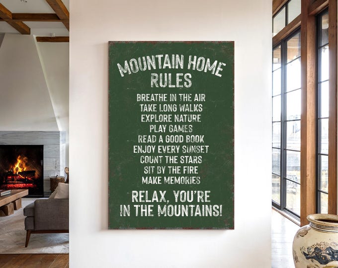 Mountain Home Rules Sign, Dark Green Rustic Lodge Wall Art, Cozy Above Fireplace Decor