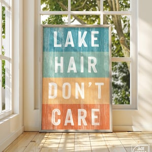 Vintage Lake Hair Don&#39;t Care Sign, Indoor Outdoor Lake Decor, Retro Wall Art, Distressed Wood Gift, Farmhouse Style, Unique Lakehouse Accent