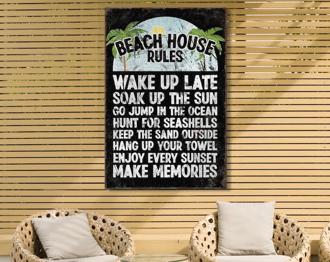 Black beach rules sign, beach house rules wall art with green palms and a rising sun, framed or unframed