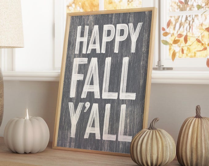 Farmhouse Autumn Wall Art - Hello Fall Y'all Distressed Wood Sign