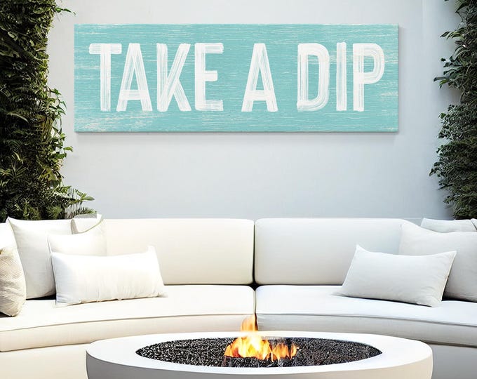 Vintage Aqua Blue TAKE A DIP Pool Sign, Skinny Patio Wall Decor in White Faux Distressed Wood Style, Perfect Gift for Pool Owner, Pool Decor