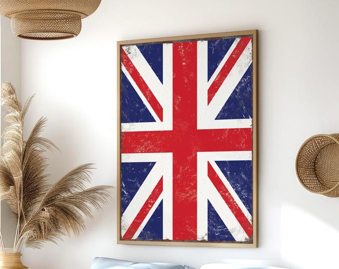 Union Jack Wall Art, Distressed Navy Red and White UK Flag, Rustic Pub Print