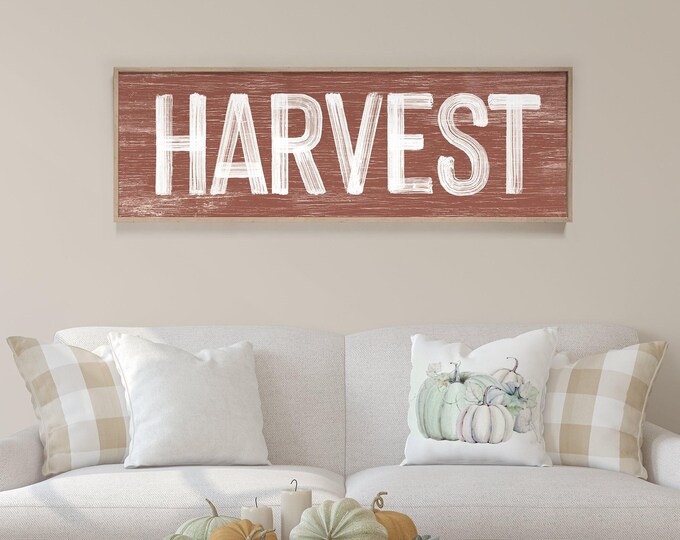 Harvest Sign in Clay Brown, faux weathered wood, seasonal wall art, harvest wall decorations, vintage farmhouse, long horizontal wall art