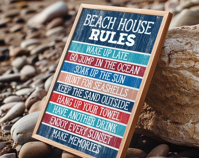 Beach House Sign, Coastal Rules List Wall Art, Striped Navy Teal Red Decor, Nautical Print