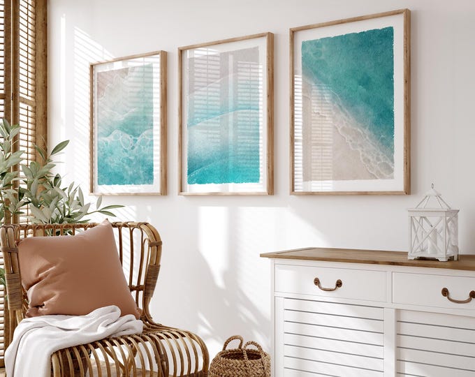 Watercolor Beach Wave No. 373, Turquoise Blue Water and Sandy Beach Wall Art Set of 3 Canvas, Large Coastal Triptych for Beach House Decor
